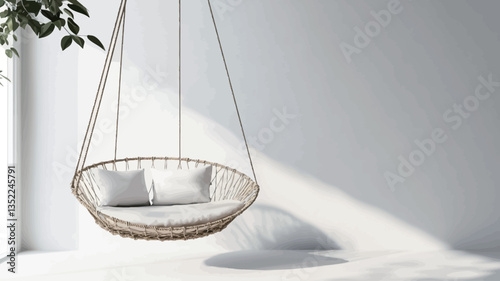 The image shows a circular hanging chair made of light brown rattan or wicker.  The chair is suspended from the ceiling by light-colored cords. It contains two off-white cushions. The chair is