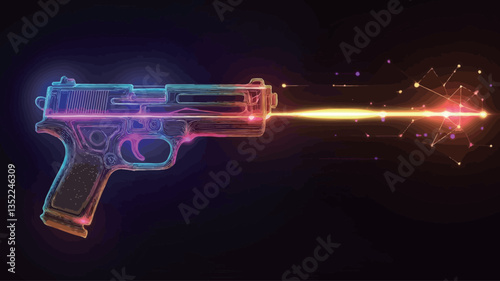 A digital illustration depicting a semi-automatic pistol rendered in vibrant neon colors (blue, pink, and orange). The gun appears translucent, with a laser beam emanating from its barrel.  The