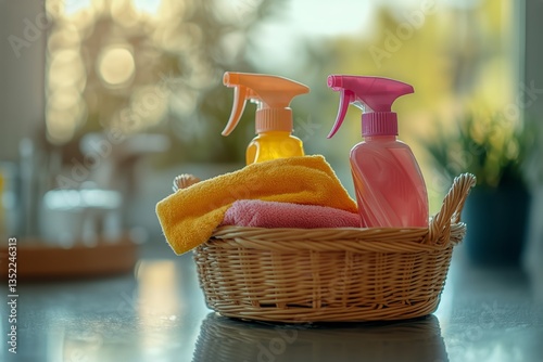 Cleaning Supplies in a Cozy Kitchen Setting With Sunlight Filtering Through t...