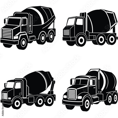 Set of truck icons in vector style featuring various transportation and construction vehicles like lorries, mixers, and dump trucks