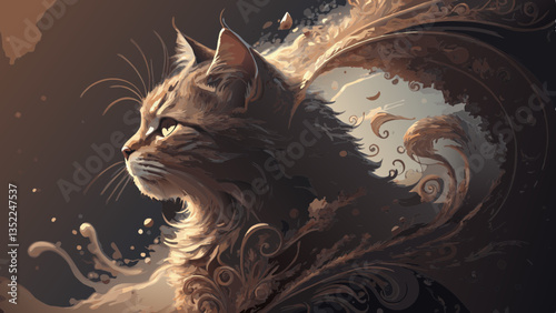 Surreal artistic rendering of the Cheshire Cat with fluid organic forms, warm browns and golds, dreamlike and immersive atmosphere  