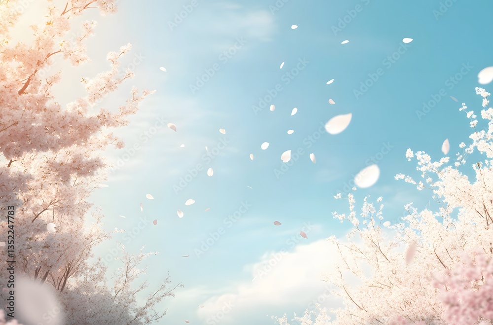 Beautiful spring sky scene with falling delicate flower petals Beautiful spring sky scene with falling delicate flower petals