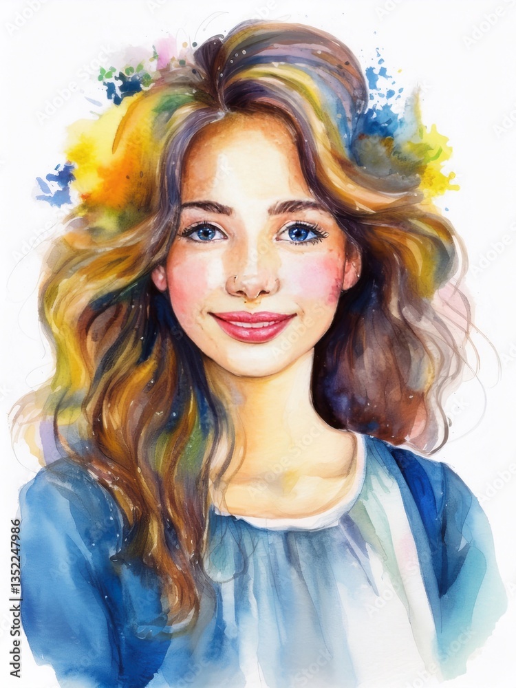 Beautiful woman wearing autumn flower crown, watercolor painting Beautiful woman wearing autumn flower crown, watercolor painting
