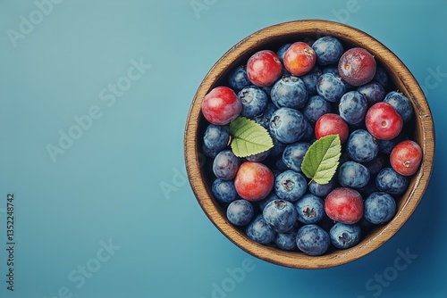 Fresh Blueberries Arranged in a Wooden Bowl on a Blue Background