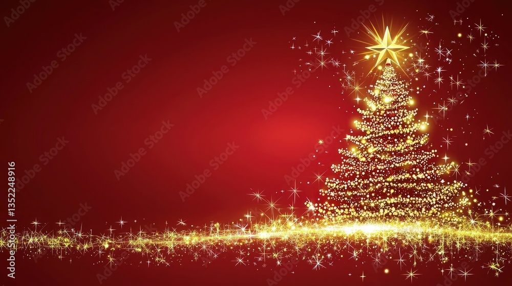 Golden Christmas tree with glowing star on red background surrounded by twinkling lights and sparkles. Ideal for Christmas cards, banners, and holiday marketing Golden Christmas tree with glowing star on red background surrounded by twinkling lights and sparkles. Ideal for Christmas cards, banners, and holiday marketing