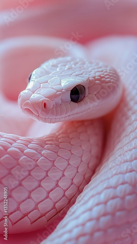 Captivating Close-Up of a White Snake on a Soft Pink Background Showcasing It...