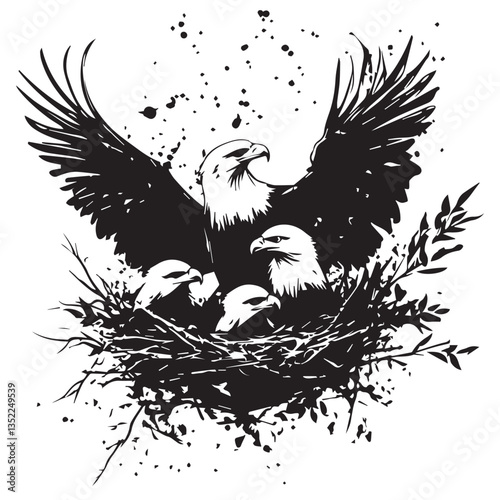 silhouette of an eagle with chicks sitting in a nest with twigs on a white background, graphics, front view, black and white, vector
