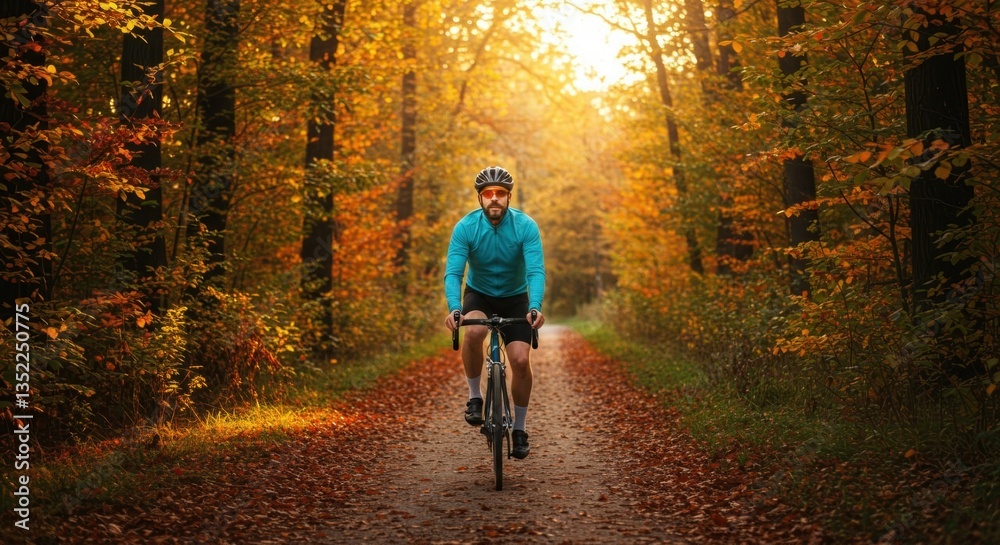 Fototapeta premium Cyclist rides along wooded path in autumn forest setting