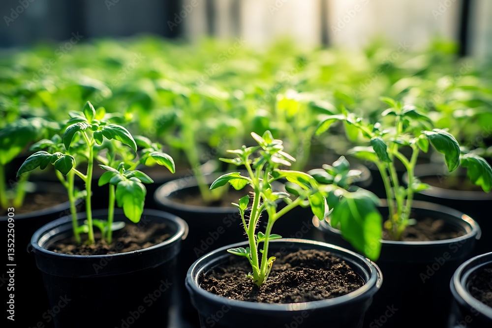 young basil plants growing in black pots, showcasing fresh greenery and healthy growth in a greenhouse setting young basil plants growing in black pots, showcasing fresh greenery and healthy growth in a greenhouse setting