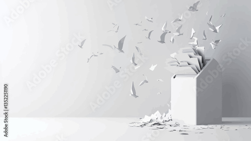A 3D rendered image depicting a small, white, house-shaped object.  Numerous small pieces of white paper appear to be emanating from the top and are dispersed mid-air, creating a sense of motion.