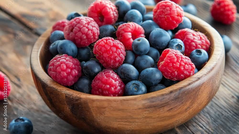 A bowl filled with fresh blueberries and raspberries is showcased on a rustic wooden table, highlighting the fruits vibrant colors A bowl filled with fresh blueberries and raspberries is showcased on a rustic wooden table, highlighting the fruits vibrant colors