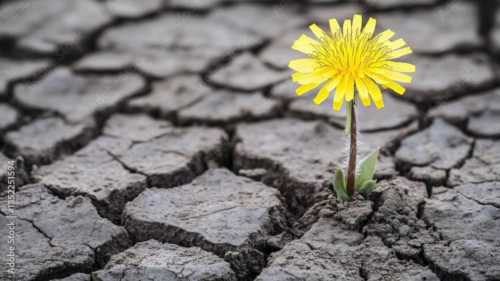 A bright yellow flower emerges from dry, cracked earth in a sunlit environment showcasing resilience in a barren landscape