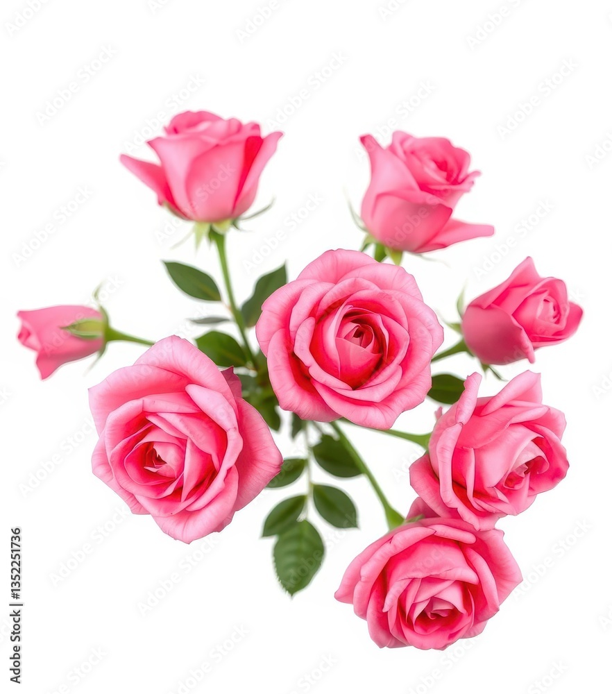 Fototapeta premium Several pink roses, fully bloomed, isolated on pure white, blooms, pink roses
