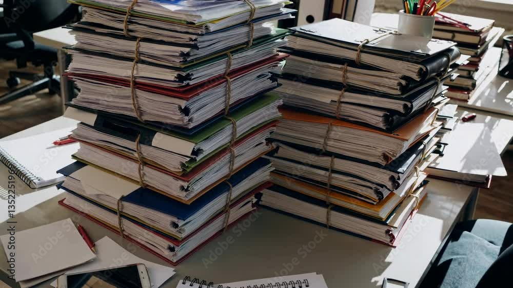 Bustling office workspace with piles of colorful documents and busy desk atmosphere