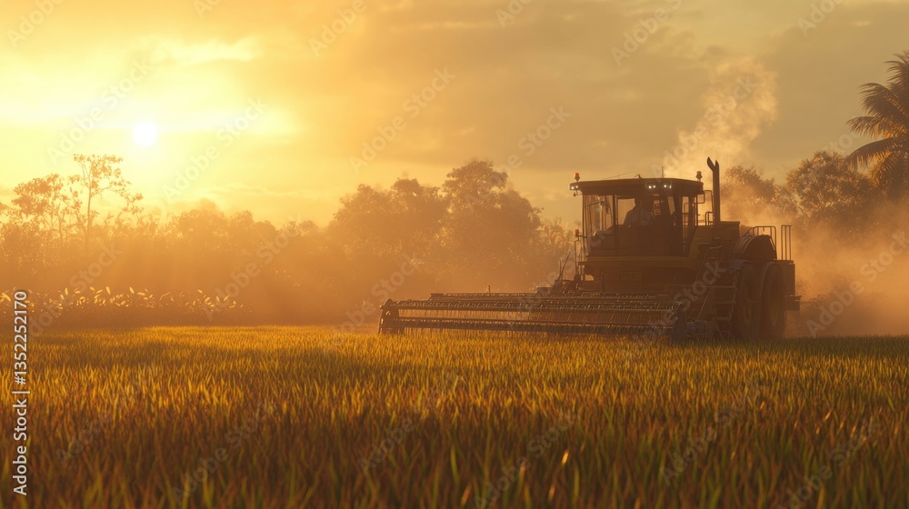 Fototapeta premium Agricultural Machinery Working in Golden Rice Field at Sunset