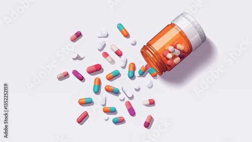 High-angle, close-up view of an overturned orange plastic pill bottle spilling various colored pills and capsules onto a white background.  The pills are a mixture of shapes and sizes, with colors