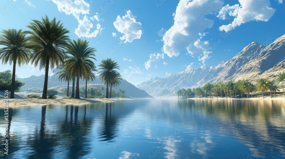 Oasis palm trees reflecting serene desert river, mountains background, travel poster Oasis palm trees reflecting serene desert river, mountains background, travel poster