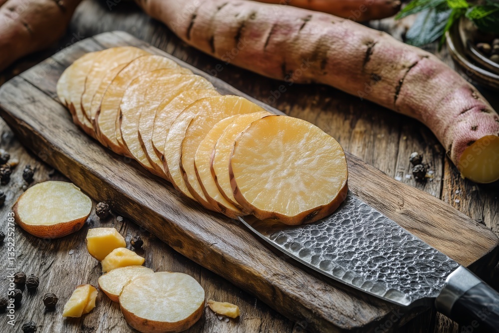Sliced Root Vegetables on Wooden Board With Knife and Sweet Potatoes in Background Sliced Root Vegetables on Wooden Board With Knife and Sweet Potatoes in Background