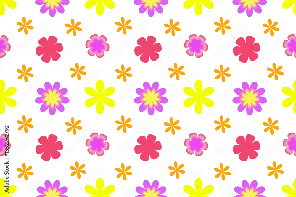 Seamless floral pattern with stylized retro flowers in yellow, orange, pink and purple. Bright and playful vector design in flat style
