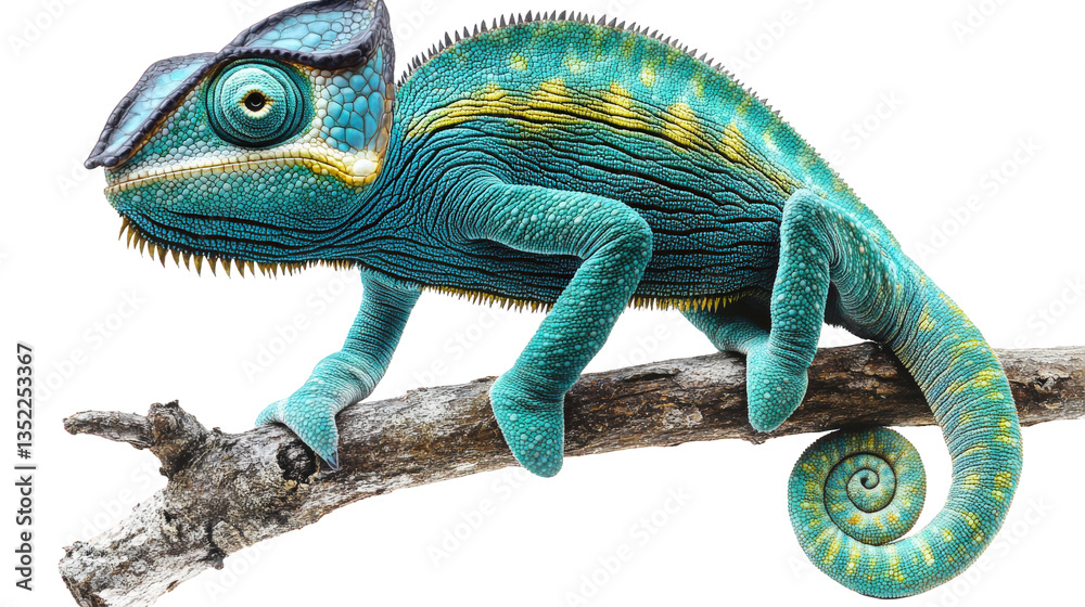 Naklejka premium Vibrant Blue Chameleon on a Branch