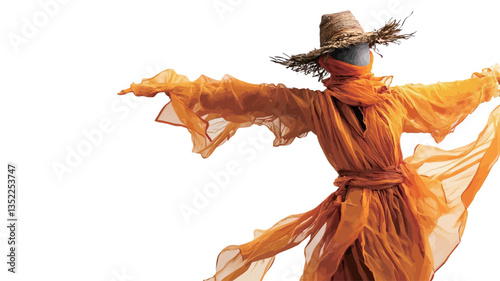 Close-up studio shot of a stylized scarecrow-like figure. The figure is wearing a long, flowing orange garment with a wide, pleated design.  The fabric appears lightweight and is billowing as if
