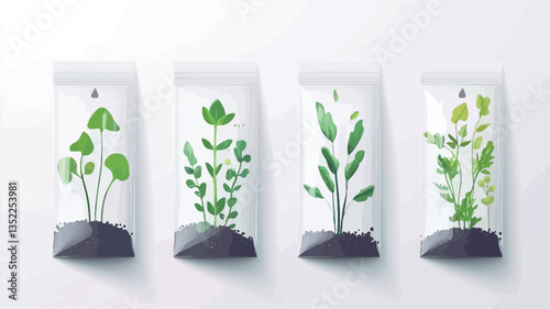 A digital illustration depicts four different types of plants, each potted in dark gray soil and presented in a simple, white, vertically oriented package. The plants are rendered in a flat,