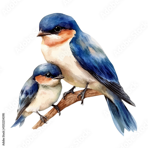 A watercolor vector painting of a mother swallow with her kid, isolated on a white background. Mother swallow vector.

