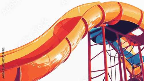 Low-angle close-up shot of a bright orange and yellow water slide curving against a mostly white background. The slide's structure is visible, including a metal framework supporting the slide. The
