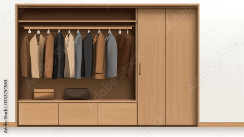 The image shows a digitally rendered illustration of a built-in wardrobe. The wardrobe is light-colored wood with a minimalist design. It features sliding doors, a hanging rod for clothes, and