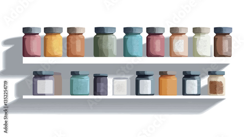 A digital illustration depicting two white shelves against a white background.  Each shelf holds a row of various pastel-colored cylindrical jars with simple, unlabeled lids. The jars exhibit