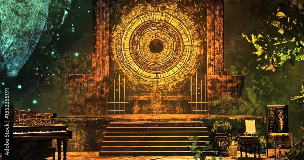 Golden throne room, mystical forest, ethereal piano; background of cosmic energy, for fantasy art or game scene