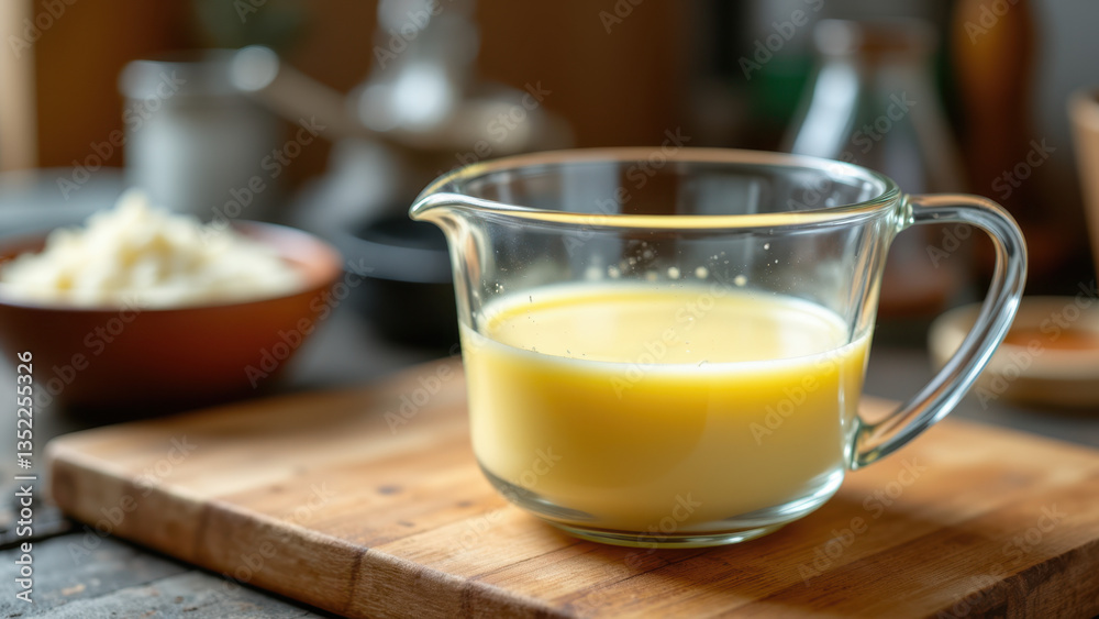 A glass container filled with a yellow-colored liquid, likely beef tallow, placed on a wooden cutting board next to chopped garlic and kitchen tools. The scene suggests food preparation or cooking. A glass container filled with a yellow-colored liquid, likely beef tallow, placed on a wooden cutting board next to chopped garlic and kitchen tools. The scene suggests food preparation or cooking.