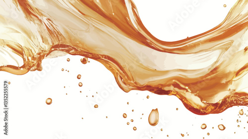 Close-up shot of an amber-colored liquid splashing against a white background. The liquid is dynamic and shows movement, creating a swirling pattern with various translucent droplets. The overall