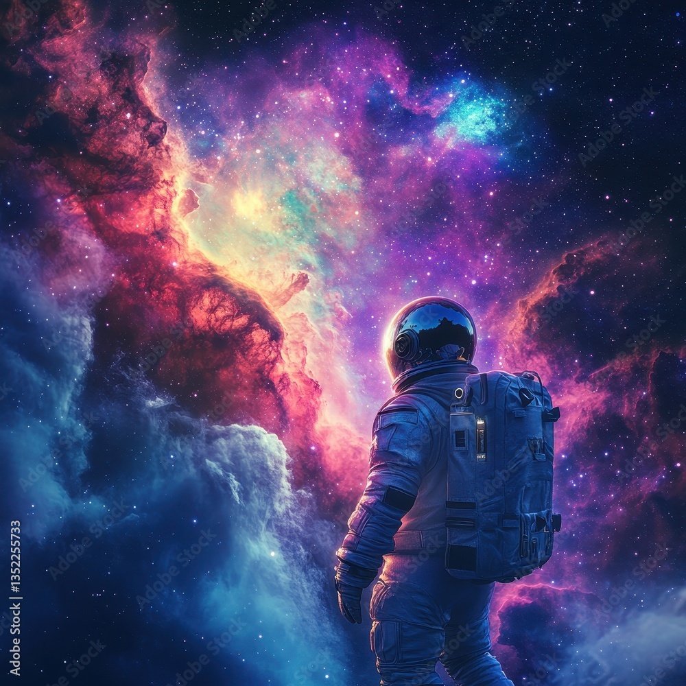 An astronaut gazing upon a colorful and starry cosmic nebula spectacle An astronaut gazing upon a colorful and starry cosmic nebula spectacle