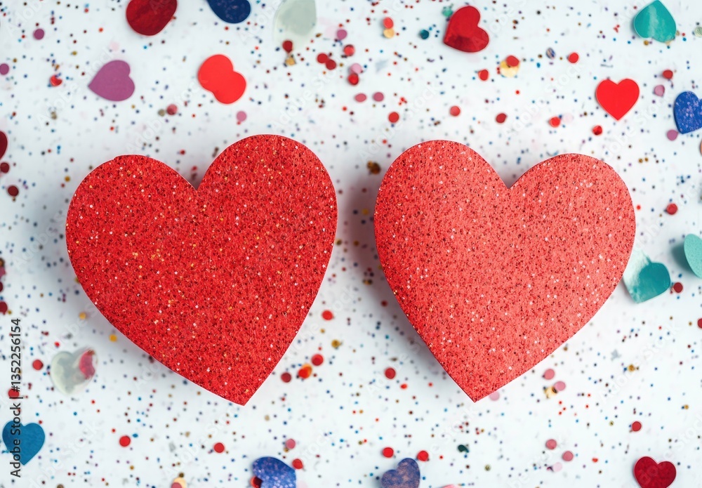 Glittering red hearts on a white confetti background Glittering red hearts on a white confetti background
