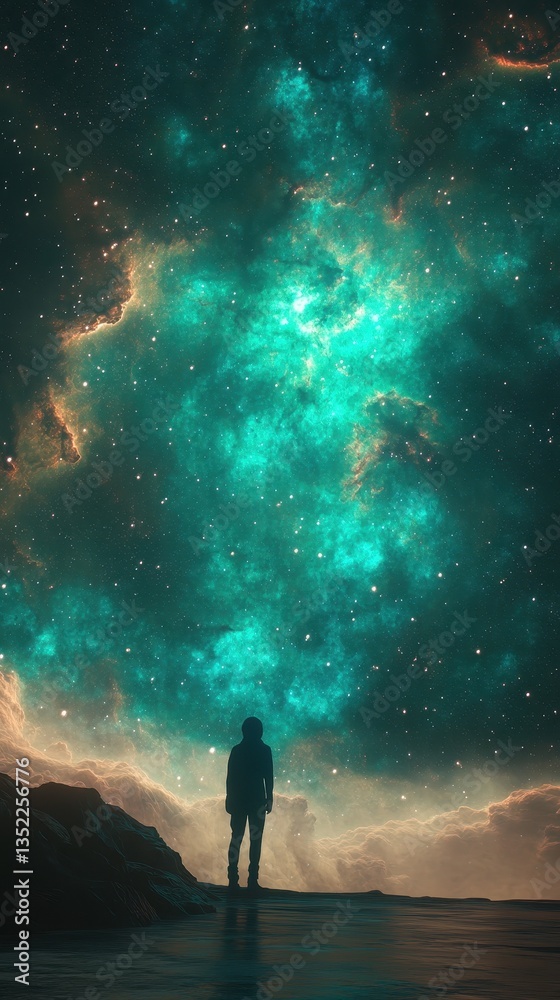 Fototapeta premium A solitary figure observes the vibrant nebula and starry night sky