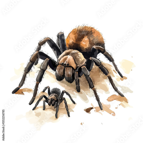 A watercolor vector painting of a mother tarantula with her kid, isolated on a white background. Mother tarantula vector.


