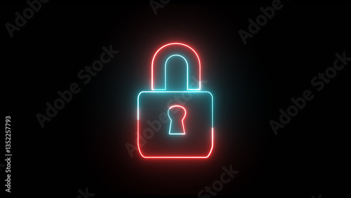 Glowing blue and red neon simple padlock lock. Lock icon protection safety security privacy password circle closed sign symbol