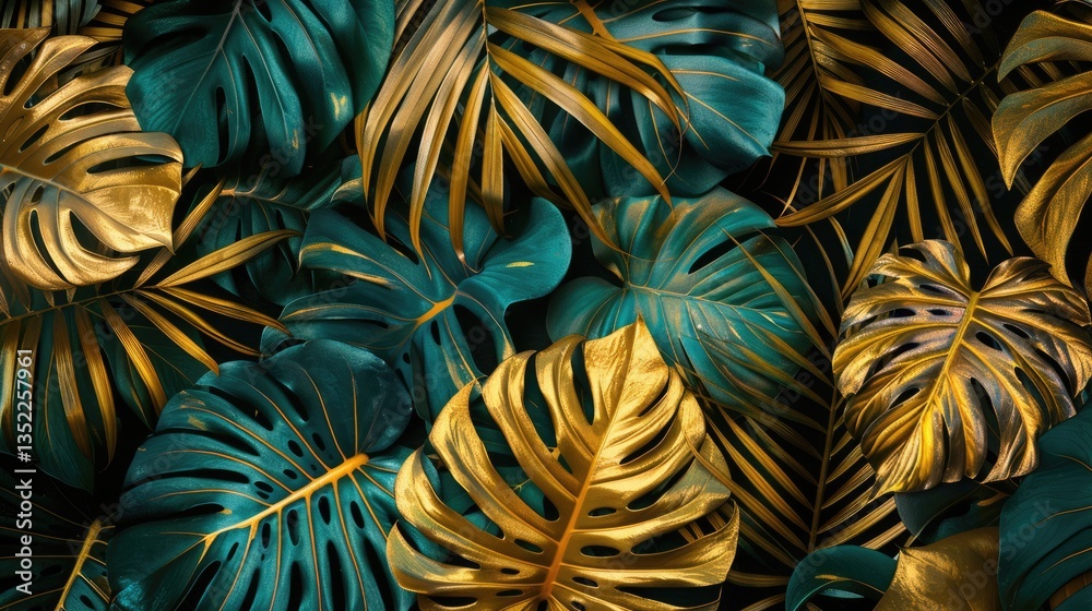 Close-up of monstera leaves in golden and dark green hues. Tropical plant composition. Macro photograph of green and golden leaves with elegance and luxury pattern. Botanical pattern concept. AIG51. Close-up of monstera leaves in golden and dark green hues. Tropical plant composition. Macro photograph of green and golden leaves with elegance and luxury pattern. Botanical pattern concept. AIG51.
