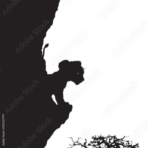 black silhouette of a little lion cub standing on a rock, white background, graphics, front view, black and white, vector
