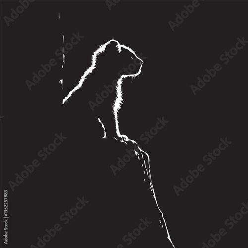 white outline of a little lion cub standing on a rock, graphic, front view, black and white, vector
