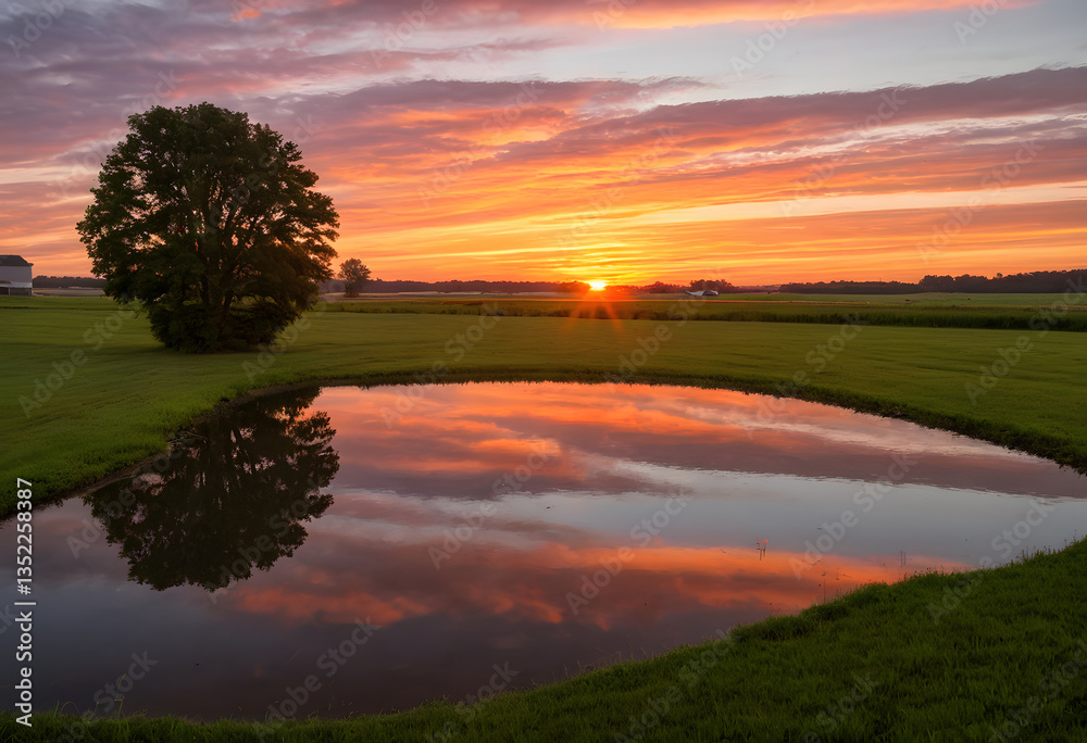 Obraz premium A serene pond on a farm, its surface reflecting the warm glow of a sunrise sky over the horizon.