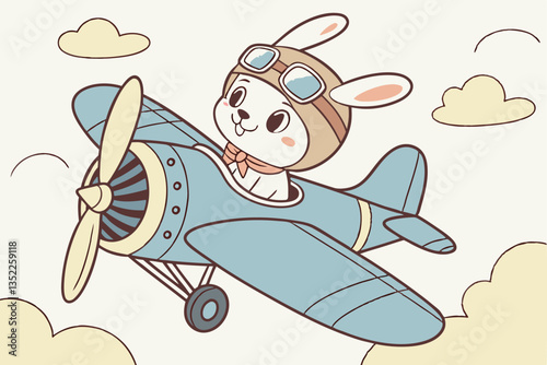 2 Cute cartoon rabbit pilot, vintage blue toy airplane, pastel colors, soft lighting, whimsical children's illustration, anthropomorphic animal, nostalgic style, propeller plane, aviator hat and goggl
