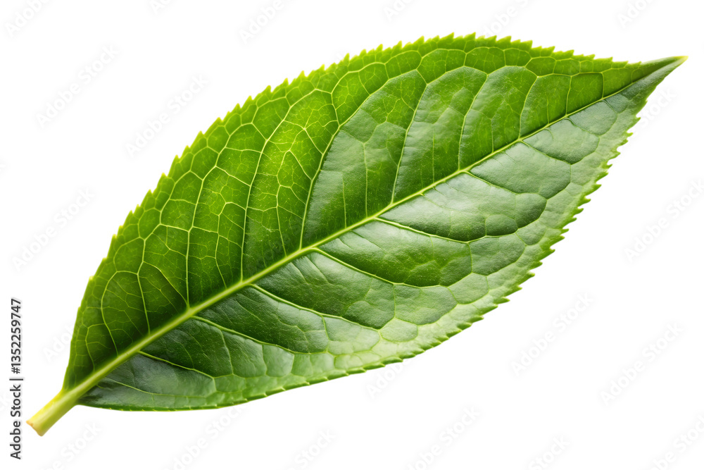Obraz premium Green tea Leaf's Intricate Texture: Close-up shot of a vibrant green leaf displaying detailed textures and patterns, symbolizing growth and the beauty of nature