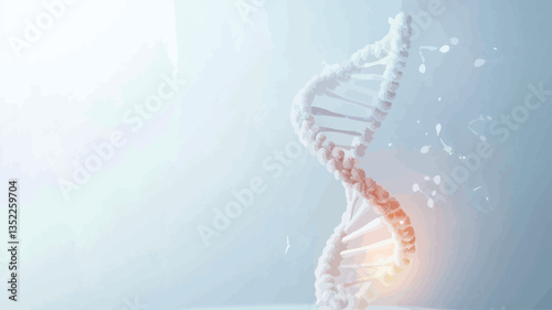 The image is a digital rendering of a double helix DNA structure. The DNA is depicted in a light beige/off-white color, with a subtle glow emanating from the bottom.  The background is a soft,