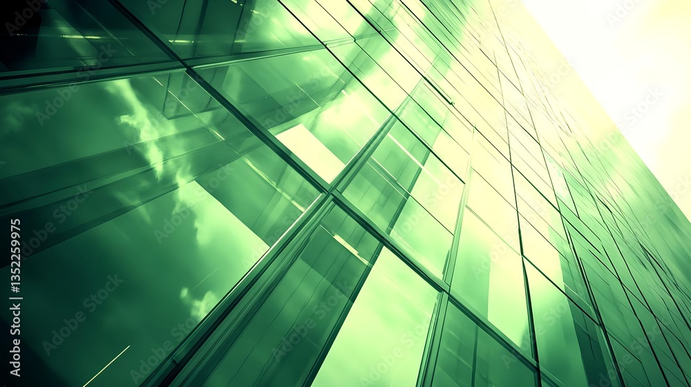 Obraz premium Futuristic Skyscraper View with Green Glass Reflection and Light