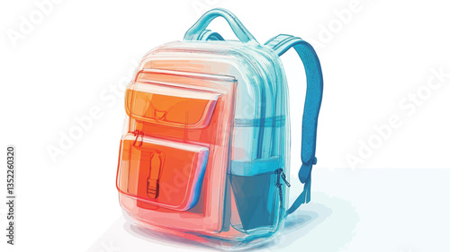 A digital illustration of a backpack rendered in a translucent style. The backpack is depicted with a gradient color scheme, transitioning from cool blues to warm oranges and reds.  The image shows