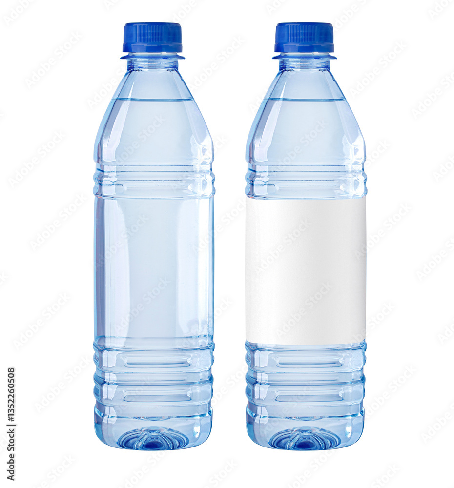 Small water bottles showing front view with blank label and without label Small water bottles showing front view with blank label and without label