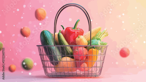 A metal shopping basket filled with various fresh vegetables and fruits is depicted against a soft pink background.  The vegetables and fruits include a red bell pepper, cucumber, corn on the cob,