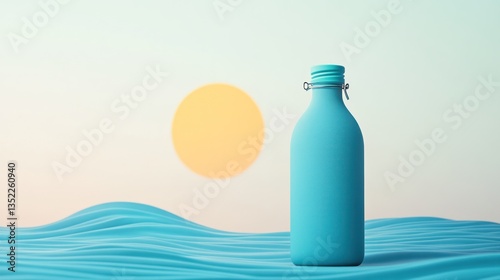 Serene Sunset: A Teal Bottle on a Gentle Ocean Wave